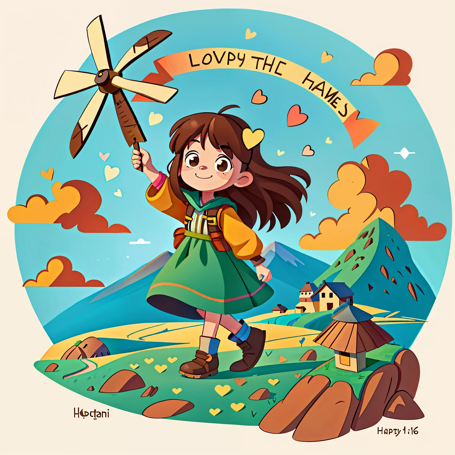 Girl with long brown hair,Wear your adventure attire,mountain path(giant windmill)(hold love in hands)in the early morning,(There is love)Happy,Surrounded by love,Surrounded by love,O sign,vector,line art,designs,inspiration,straight line,RHAD