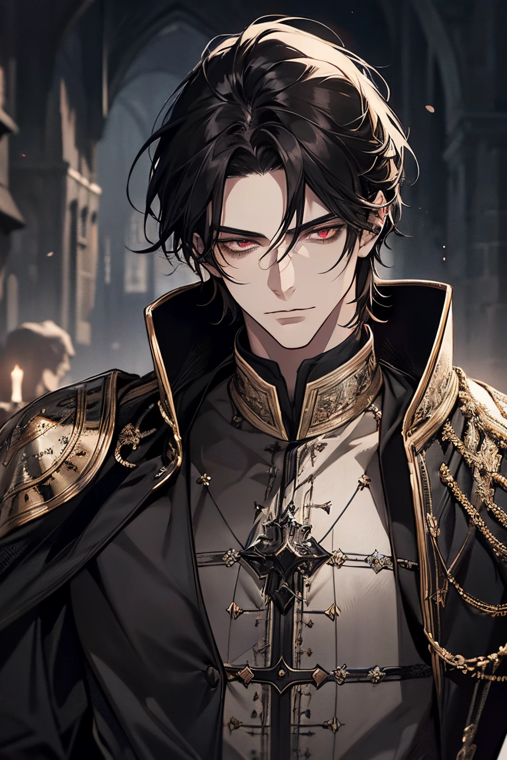 1 male, adult, mature face, beautiful, short tousled black hair, dark red eyes, clear and detailed eyes, tall and lean body, black nobility clothing, strategist, handsome, condescending, medieval fantasy, upper body, medieval castle background, dark fantasy, (soft coloring, dynamic shading)