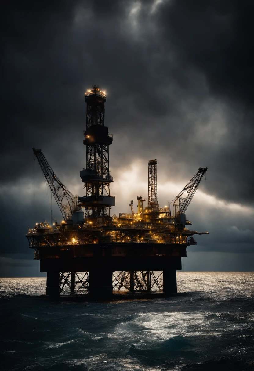 A visually pleasing composition of an oil platform in a stormy sea, with dark storm clouds swirling above and rays of sunlight breaking through, creating a visually captivating and atmospheric image.