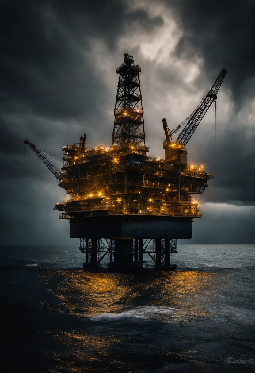 A visually pleasing composition of an oil platform in a stormy sea, with dark storm clouds swirling above and rays of sunlight breaking through, creating a visually captivating and atmospheric image.