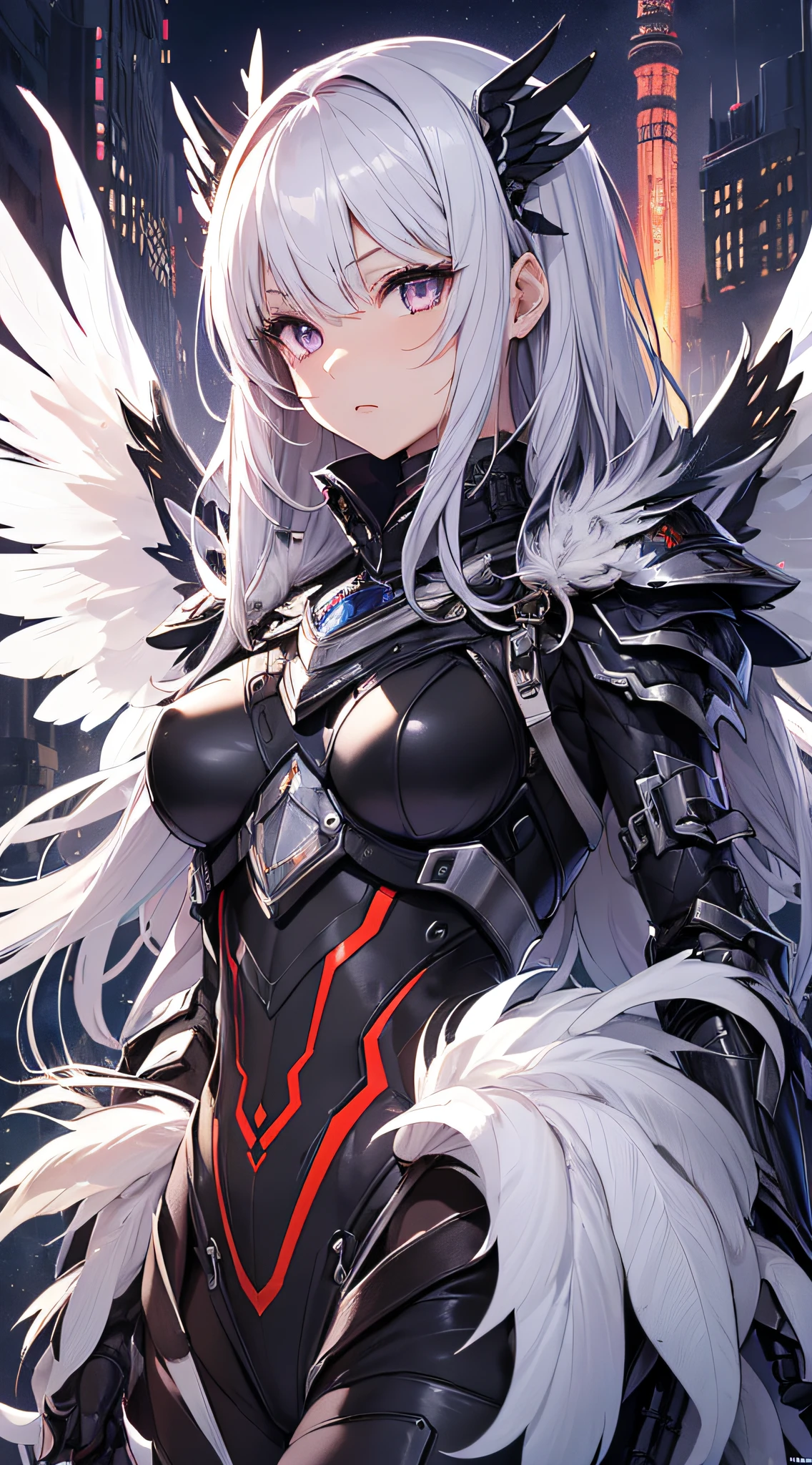 top-quality、Top image quality、masterpiece、girl with((Silver and black mechanical body armor、silver mechanical arm、silver leg arms、Shining red body line、、teen ager、cute lit Bust、big bast,Beautiful shining purple eyes、Breasts wide open, white hair、black mechanical wings,Longhaire、A slender,Large valleys、belligerent movements,holds a black sword)),hiquality、Beautiful Art、Background with((Midnight City、Pillar of fire、fluttering white feathers)))、,masutepiece、depth of fields,Cinematic style
