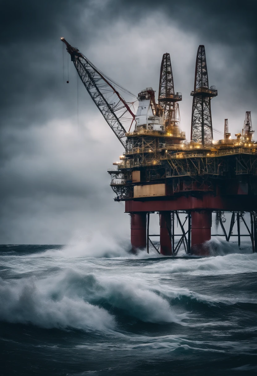 A close-up shot of an oil platform in a stormy sea, with the waves crashing against the supports and creating a visually intense and dynamic image.