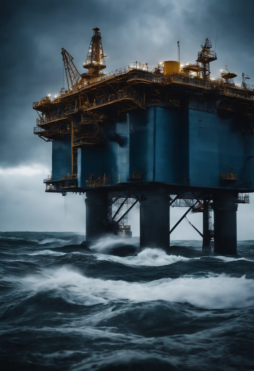 A close-up shot of an oil platform in a stormy sea, with the waves crashing against the supports and creating a visually intense and dynamic image.