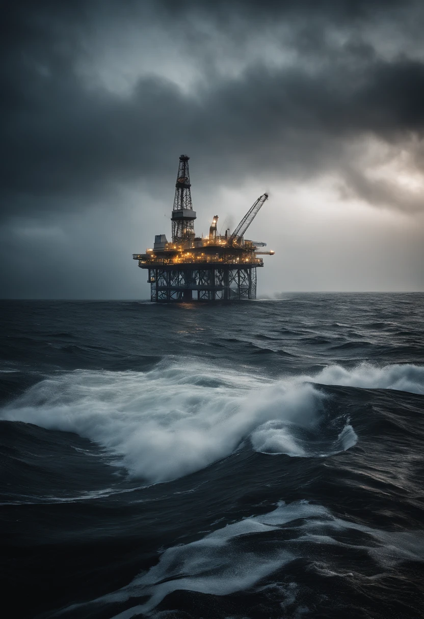 A high-resolution image of an oil platform in a stormy sea, with strong winds whipping through and creating waves of mist and spray, capturing the energy and movement of the environment, creating a visually impactful and powerful scene.