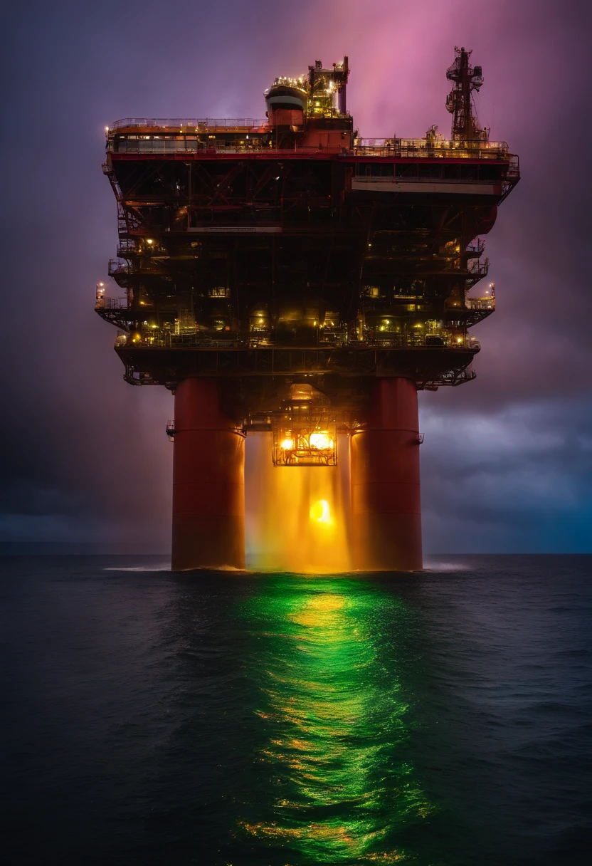 A visually stunning composition of an oil platform illuminated by a rainbow, with the vibrant colors contrasting against the dark stormy sky and creating a visually magical and awe-inspiring image.