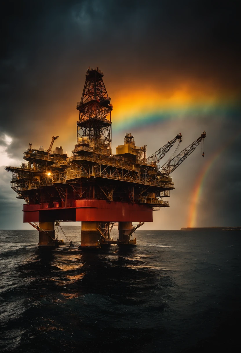 A visually stunning composition of an oil platform illuminated by a rainbow, with the vibrant colors contrasting against the dark stormy sky and creating a visually magical and awe-inspiring image.
