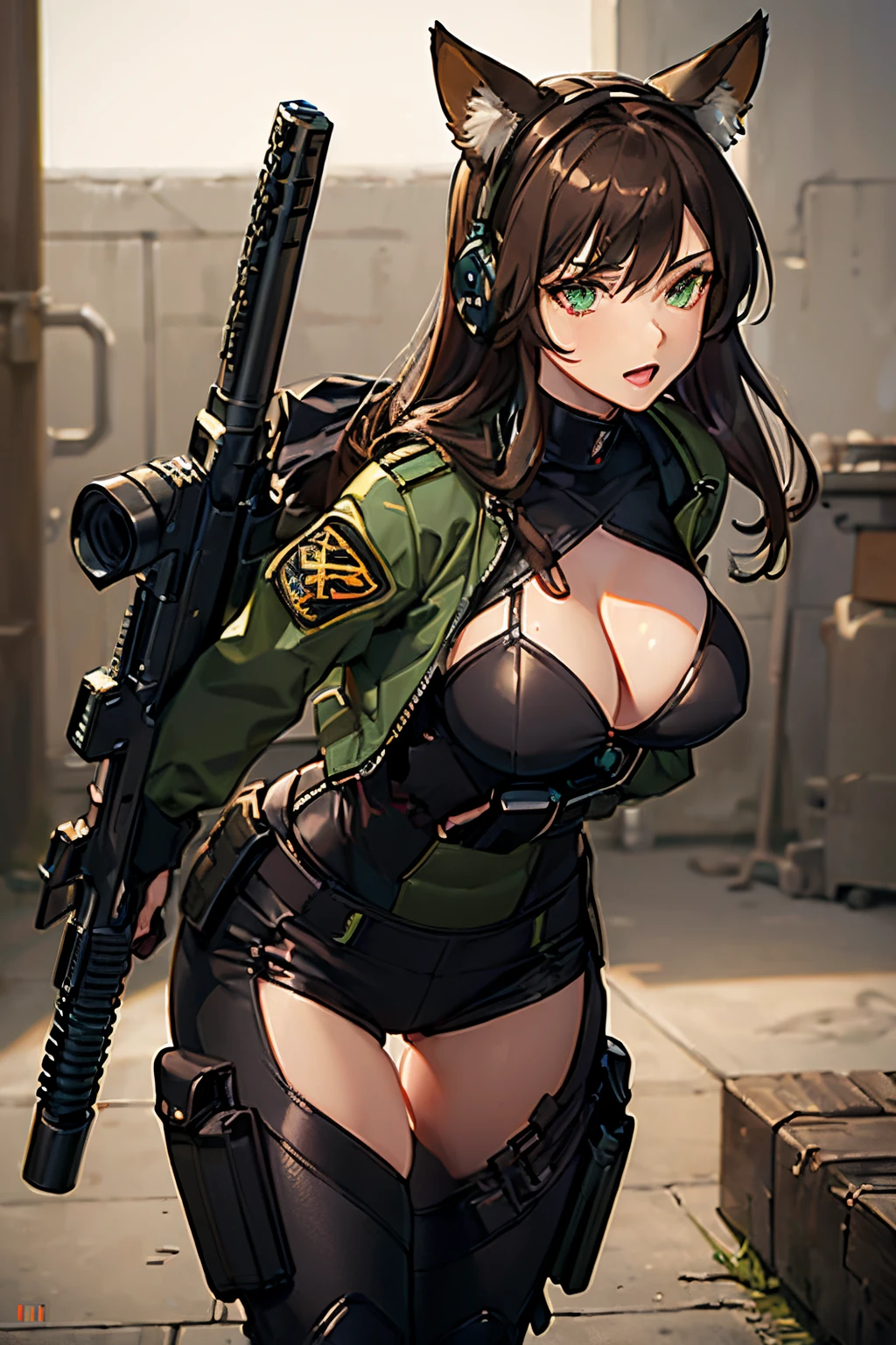 (Masterpiece: 1.5), (Best Quality: 1.5), (Perfect Face), 1 Woman, Mature Woman, Fox ears, Fox tail, green eyes, dark brown hair, big breasts, tactical gear, gun, spandex black shorts, tactical jacket, headset, gloves,