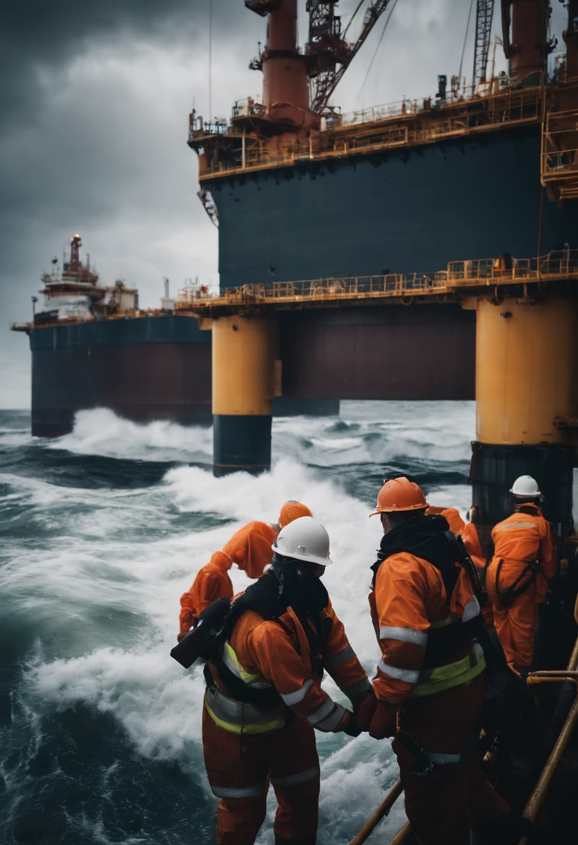 A close-up shot of an oil platform in a stormy sea, with workers braving the elements and securing equipment, showcasing the resilience and dedication involved in offshore operations, creating a visually compelling and human-centric image.