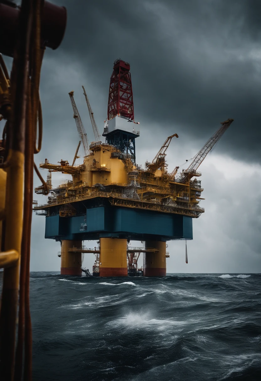 A close-up shot of an oil platform in a stormy sea, with workers braving the elements and securing equipment, showcasing the resilience and dedication involved in offshore operations, creating a visually compelling and human-centric image.