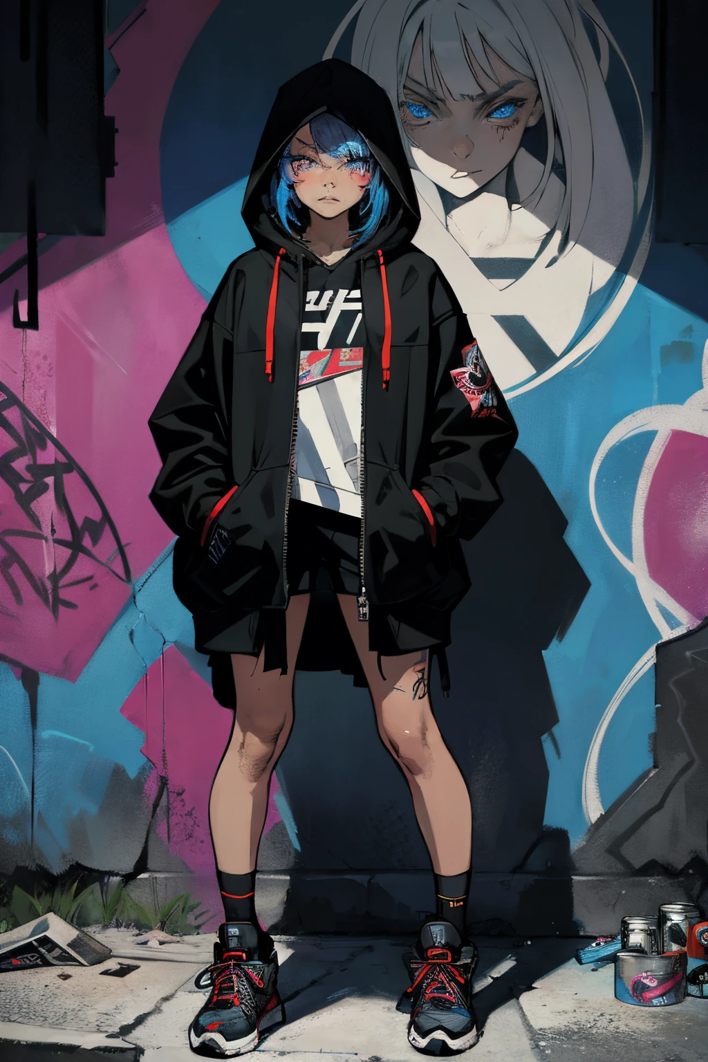 1girl, ultra detailed face, beautiful eyes, glowing eyes, hoodie, unzipped coat, hood on, front bangs, blue eyes, edgy, standing in front of a graffiti-covered wall, street fashion, sneakers, spray paint cans, cyberpunk