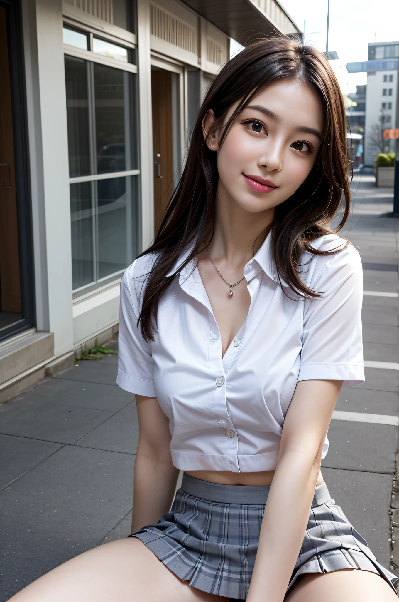 1girl, extremely cute face, Amazing face and eyes, (highly detailed eyes, highly detailed face), (hyper-realistic, hight resolution), (best Quality:1.4), Raw photo, (Realistic, Photorealsitic:1.37), Professional Photography, Cinematic Light, (lace bra:1.25), (amazing breasts:0.8), (school uniform, pleated mini skirt:1.5), (school uniform with open breasts), Smile slightly, Sitting, spread your legs wide open, Staring at me, outdoor, city, skyscraper,