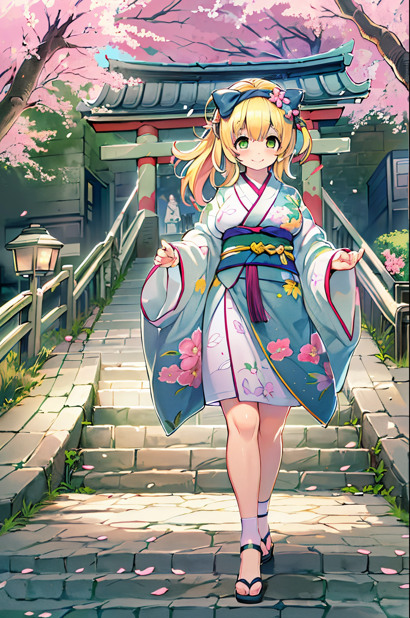 (((masutepiece: 1,5, Best Quality, High resolution, Super Resolution, ultra-detailliert: 1,2, Rich background: 1,4))), (close up), (1girl in), Solo, Green eyes, Blonde long hair tied with a blue ribbon, Hair Ornament, Blunt bangs, Smiling, hi-school girl, medium breasts⁩, ((Hands in the air)), komono, (Blue short pattern kimono), Sandals, bow ribbon, Obi, ((plein air)), cherry blossom, (torii gate), stone stairs, skyporn (PM), Cherry blossoms fall, ((Dramatic light: 1,3)), cloudy, (Scenery of Fuji in the background)