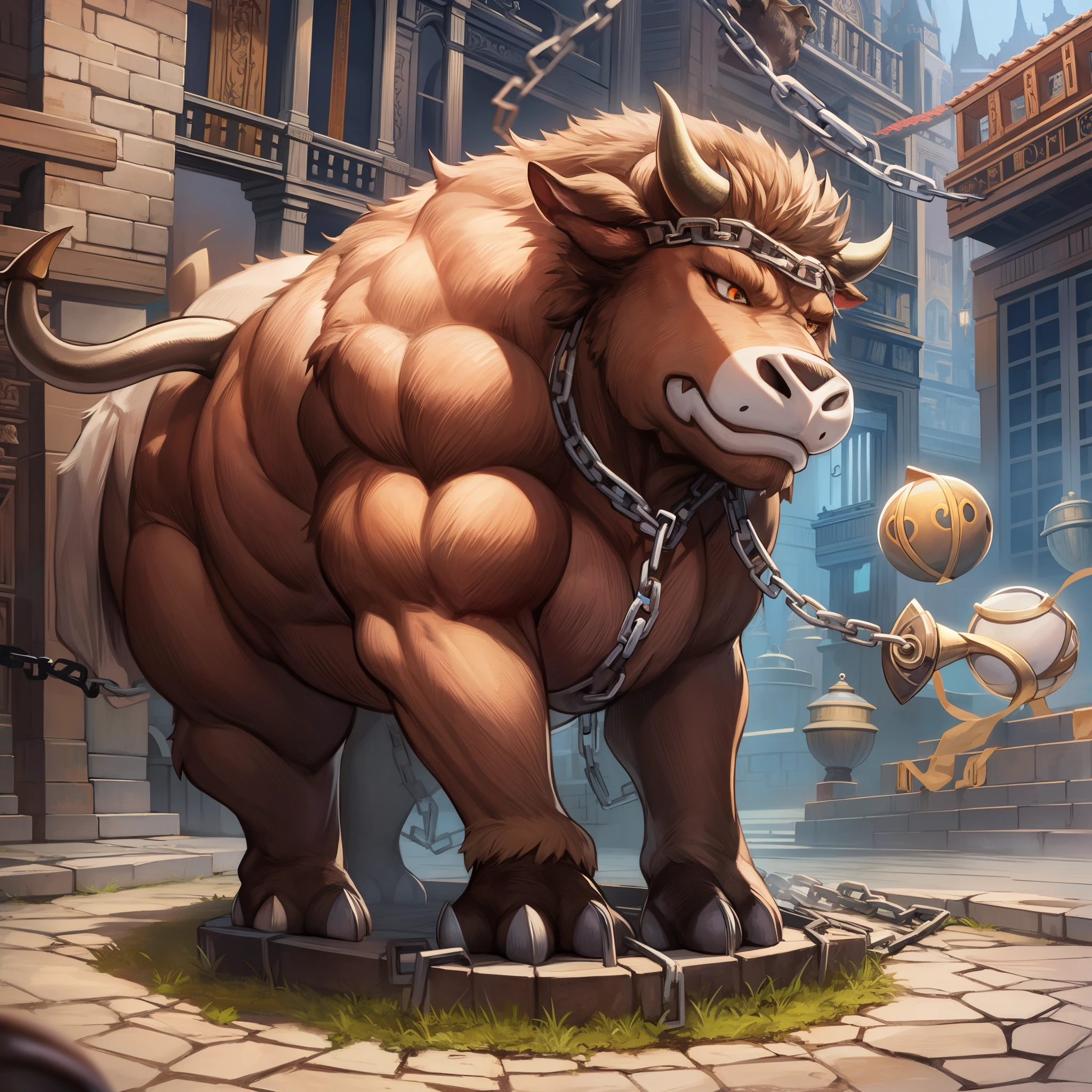 labyrinth、chains、well-muscled、muscular monster minotaur、Muscular monster、brown minotaur、huge cow horn、gargantilha、手链、Foot rings、Nose wheel、Iron ball、