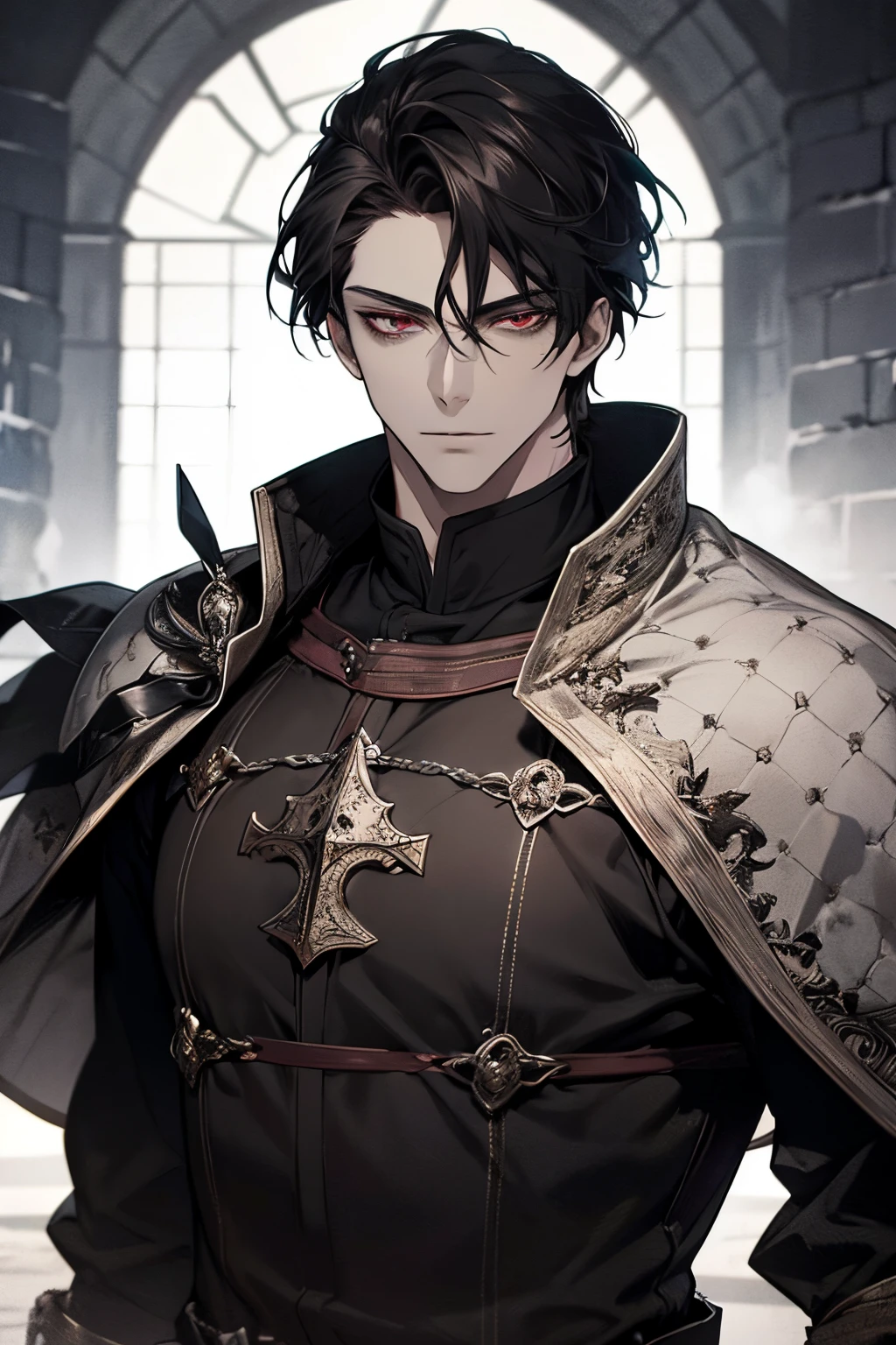 1 male, adult, mature face, beautiful, short tousled black hair, dark red eyes, clear and detailed eyes, tall and lean body, black nobility clothing, strategist, handsome, condescending, medieval fantasy, medieval castle background, dark fantasy, (soft coloring, dynamic shading)