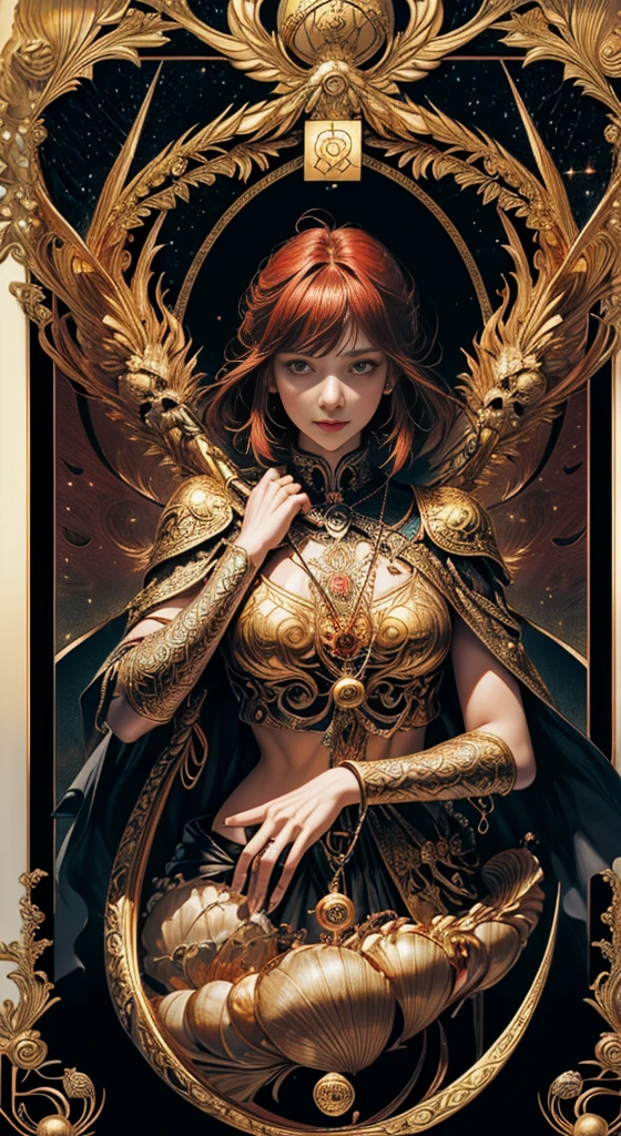 tarot cards,Full tarot border,(The image is surrounded by a tarot card-style border:1.8), (1 Men 1.5),Hades,The Grim Reaper armed with a giant scythe,(Wearing:black toga,),Fire-breathing eyes,angry look,(Hairstyles: Red curls,),Beard, Roman mythology,8k wallpaper,finely quality eyes,Right eyes,correct hand, Ultra-detailed, Beautiful and aesthetically pleasing, tmasterpiece, best qualityer, (s fractal art: 1.3), mountain ranges, Machine detailed, dynamic angle, Cowboy shot, The most beautiful forms of chaos, elegant, Fauvistdesign, vivd colour, romanticism lain, volcanoes,hell, Buble, shells, Blood, pearls,magma,火焰, Libra, shells, skulls, seele,Hold the giant scythe,Vintage style,Well-developed muscles,(zentangle,datura,Tangles,entangled), (s fractal art: 1.3),holy rays,gold foil,Gold leaf art,glitter drawing,Full tarot border,(Full border 1.5),(The border is centered at 1.8),Fang Yi
