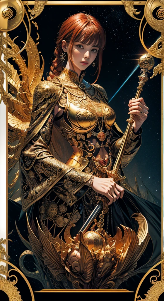 tarot cards,Full tarot border,(The image is surrounded by a tarot card-style border:1.8), (1 Men 1.5),Hades,The Grim Reaper armed with a giant scythe,(Wearing:black toga,),Fire-breathing eyes,angry look,(Hairstyles: Red curls,),Beard, Roman mythology,8k wallpaper,finely quality eyes,Right eyes,correct hand, Ultra-detailed, Beautiful and aesthetically pleasing, tmasterpiece, best qualityer, (s fractal art: 1.3), mountain ranges, Machine detailed, dynamic angle, Cowboy shot, The most beautiful forms of chaos, elegant, Fauvistdesign, vivd colour, romanticism lain, volcanoes,hell, Buble, shells, Blood, pearls,magma,火焰, Libra, shells, skulls, seele,Hold the giant scythe,Vintage style,Well-developed muscles,(zentangle,datura,Tangles,entangled), (s fractal art: 1.3),holy rays,gold foil,Gold leaf art,glitter drawing,Full tarot border,(Full border 1.5),(The border is centered at 1.8),Fang Yi