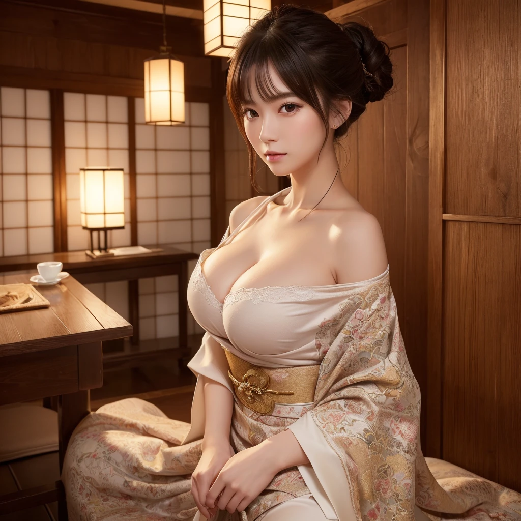 (A hyper-realistic), (hight resolution), (8K), (ighly detailed), (beatiful detailed eyes), (top-quality), (ultra-detailliert), (​masterpiece), (wall-paper), (详细的脸), Sexy clothes，japanes, 22year old、large boob,traditional Japanese room、Sensual look，Dynamic composition