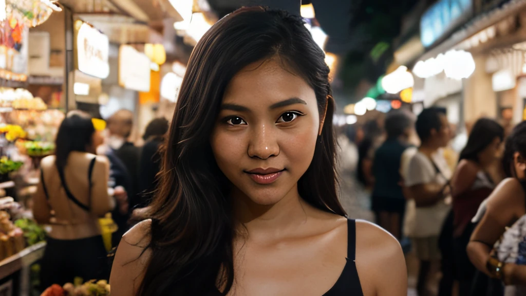 wide shot. visible from head to toe. a short, dark brown-skinned, slender, beautiful morena native-looking Filipina woman age 26 with a wide nose and long black hair with petite body size and dark brown skin is wearing a short skirt, shopping at an open fruit market at night in the philippines at night. she is happy and playful. it is year 2023. candid moment. absurdres, sterling silver highlights, IMAX quality, high detail. bokeh depth of field. cinematic film still, national geographic details, sports illustrated style. even professional color grading, soft shadows, no contrast, clean sharp focus, film photography. meticulous attention to texture and detail. anatomically correct, super detail, high quality, high details, 16k.