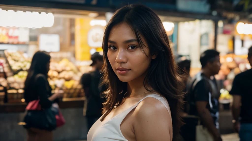 wide shot. visible from head to toe. a short, dark brown-skinned, slender, beautiful morena native-looking Filipina woman age 26 with a wide nose and long black hair with petite body size and dark brown skin is wearing a short skirt, shopping at an open fruit market at night in the philippines at night. she is happy and playful. it is year 2023. candid moment. absurdres, sterling silver highlights, IMAX quality, high detail. bokeh depth of field. cinematic film still, national geographic details, sports illustrated style. even professional color grading, soft shadows, no contrast, clean sharp focus, film photography. meticulous attention to texture and detail. anatomically correct, super detail, high quality, high details, 16k.