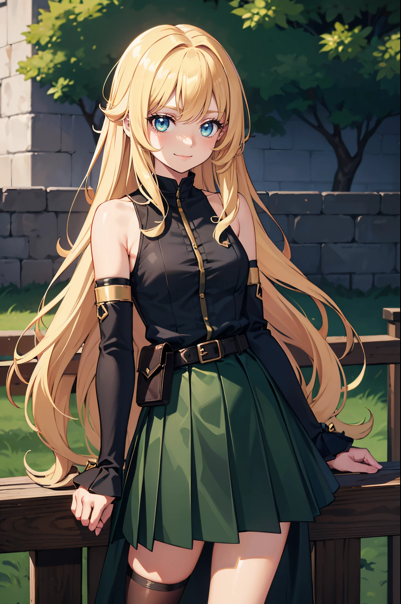 Safe for work, masterpiece, best quality, solo, 1 girl, (young female body:1.4), ( medium breasts), cowboy shot, shy smile, flustered, golden long hair, wavy hair, yellow wavy hair, extra long hair, hime cut, crystal blue eyes, very detailed eyes, good details, black compression shirt, detached sleeves, green skirt, knife pleated skirt, long skirt, green long skirt, one belt pouch, black belt with black pouch, black knee high socks, completely black compression top, outdoors, medieval village, leaning against railing, knee length skirt, black top, green skirt, traveling adventure girl