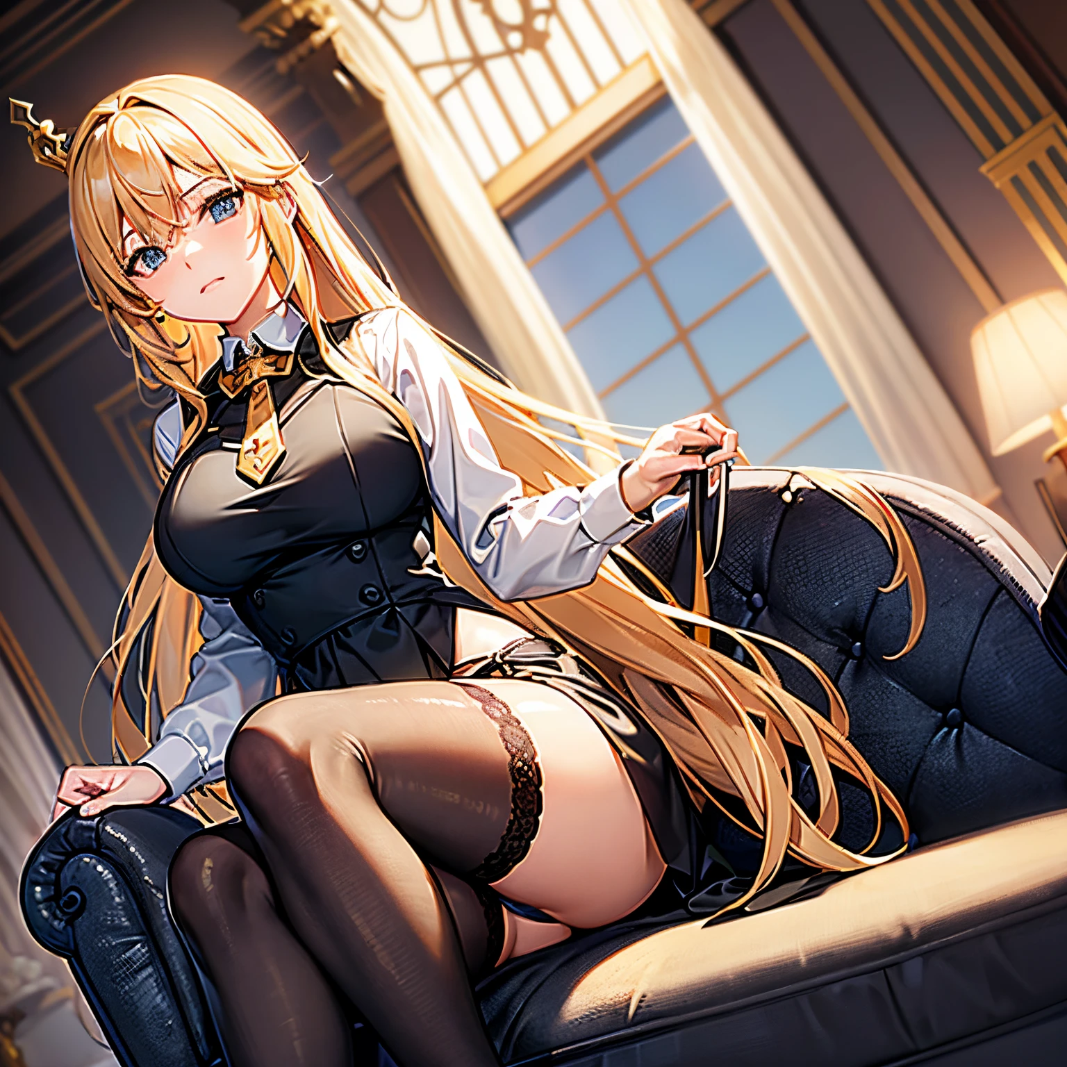 "anime girl, 1 person, bright blonde hair, golden eyes, crown on head, women's shirt, wearing black vest, tie, office uniform, big breasts, black dress, women's tights, stocking s, sitting on top  sofa, sitting cross-legged, chin resting, looking, character perspective, solo, (full HD 4K+ image)"