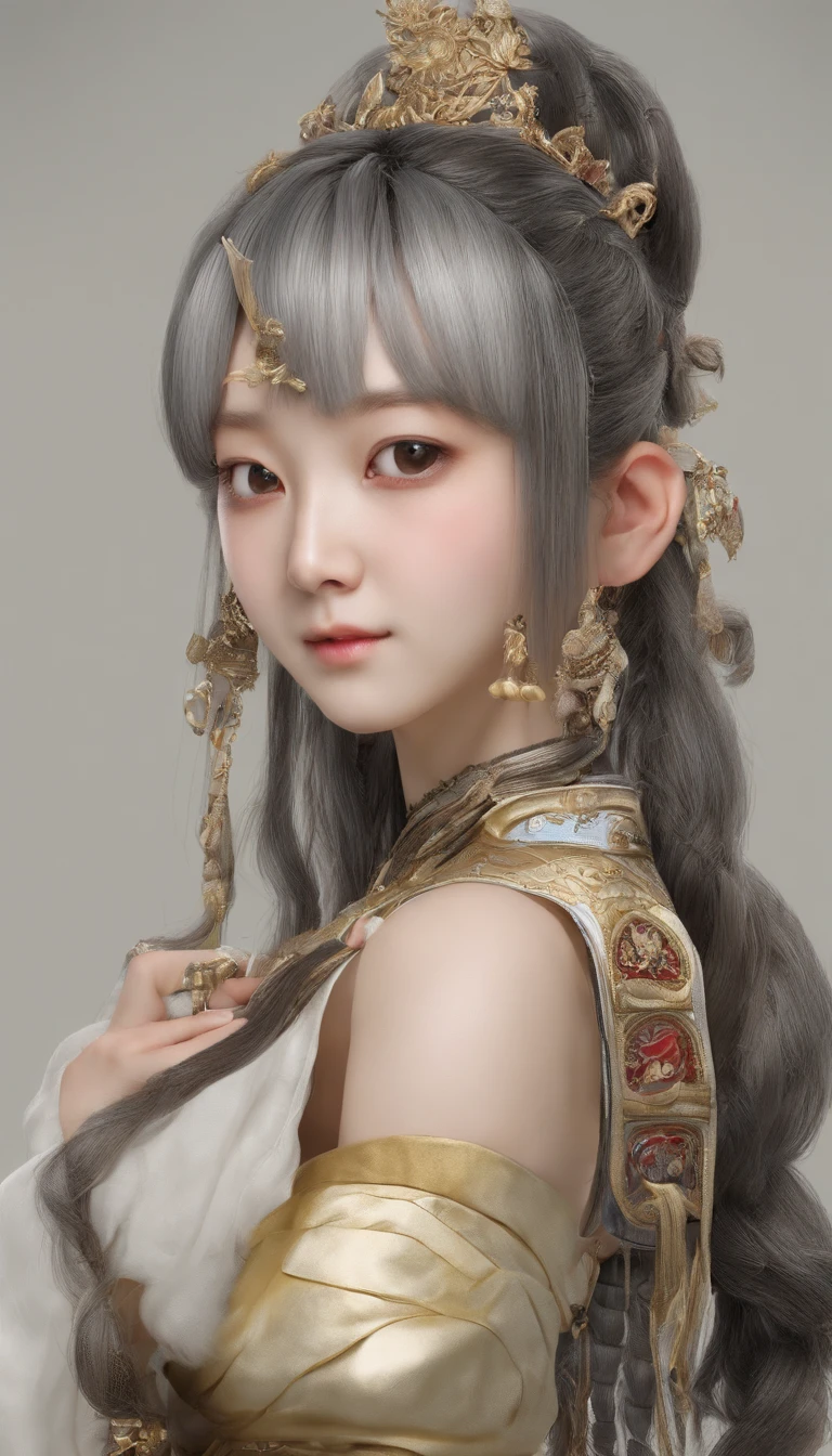 Old Man of the East,Frontal portrait of ancient Chinese figures(Portrait of Emperor Xuanyuan 1.0),(bust 1.5),Audience visual inspection(facing at the camera),White haired man,hair-bun,no headwear,hair tying up。yellow clothing。solid color backdrop(Drawing paper texture 1.5)。真实感。hyper HD, retinas, tmasterpiece, Acura, Anatomically correct, Award-Awarded, high high quality, high detal, super detailing, ctextured skin, Best quality, A high resolution,k hd, 4K, 8K, 16k。