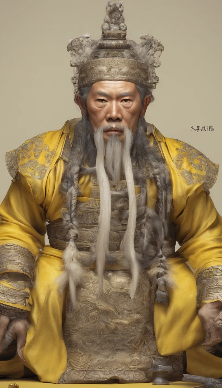 Old Man of the East，Frontal portrait of ancient Chinese figures（Portrait of Emperor Xuanyuan 1.0），（bust 1.5），Audience visual inspection（facing at the camera），White haired man，hair-bun，no headwear，hair tying up。yellow clothing。solid color backdrop（Drawing paper texture 1.5）。真实感。hyper HD, retinas, tmasterpiece, Acura, Anatomically correct, Award-Awarded, high high quality, high detal, super detailing, ctextured skin, Best quality, A high resolution,k hd, 4K, 8K, 16k。