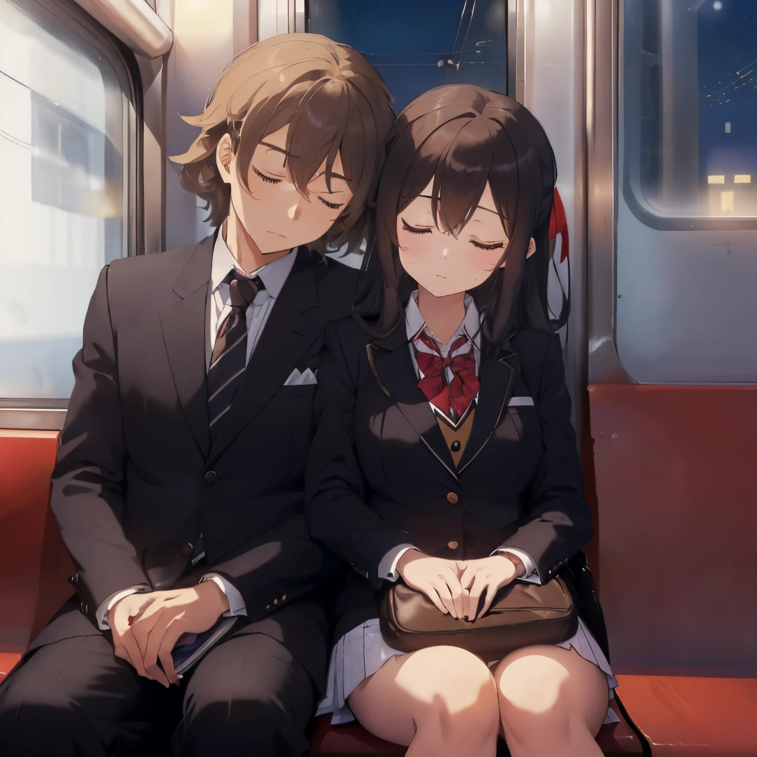 ((On the train at night)),Last train,((A businessman in a suit is sitting next to me..)),fluffy hair,Long hair with voluminous curls,Light brown,(a large ribbon on the head),((Sitting on a train chair)),(Sleeping while holding your student bag),((Blazer type school uniforms)),((Sleep with your head tilted and your eyes closed)),(lean on the shoulder of the man next to you),Slight red tide,((Inner Stock)),(Ankle Socks),((close up face))