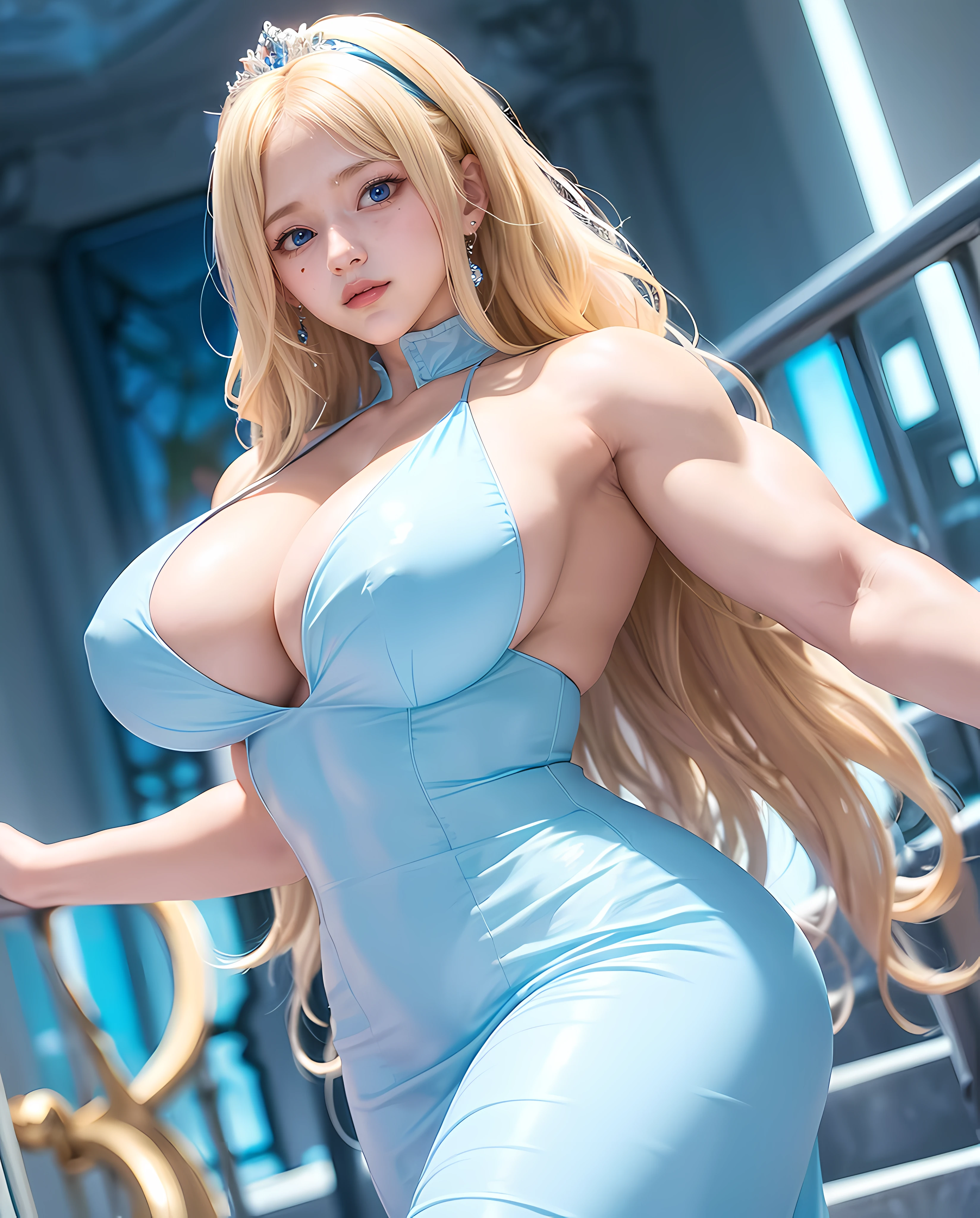 1girl, (Blue Eyes), smiling face, (Sana Minatozaki), wide hips, Big Boobs, big ass, (Best Quality, 8k, Masterpiece: 1.3), Clear Focus: 1.2, Perfect Body Beauty: 1.4 , Slender Abs: 1.2, Highly detailed face and skin texture, detailed eyes, double eyelids, (blonde long hair), (bright, wavy light blue dress), (standing on a staircase in a large bright white room), sparkling particles floating in the air, stained glass in the background, magical atmosphere, princess, at night, ((((huge muscles))))