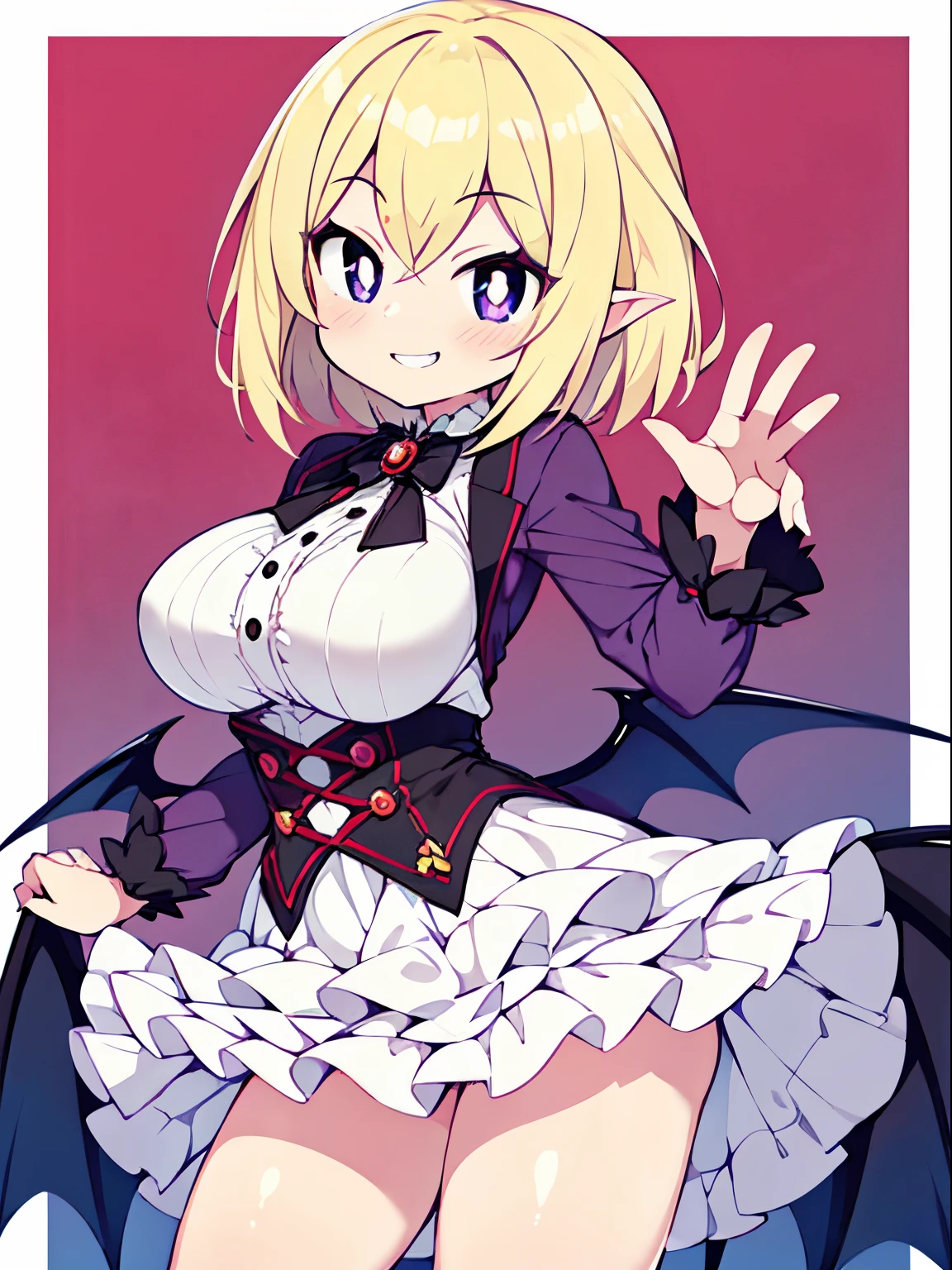 Front Focus, succubus, 1girl, solo, Best Quality, succubus dress, purple clothes, contrapposto, layered skirts, short hair, blonde hair, shiny hair, white pupils, grin, smirk, big breasts, stylish pose, frilled dress, cute,