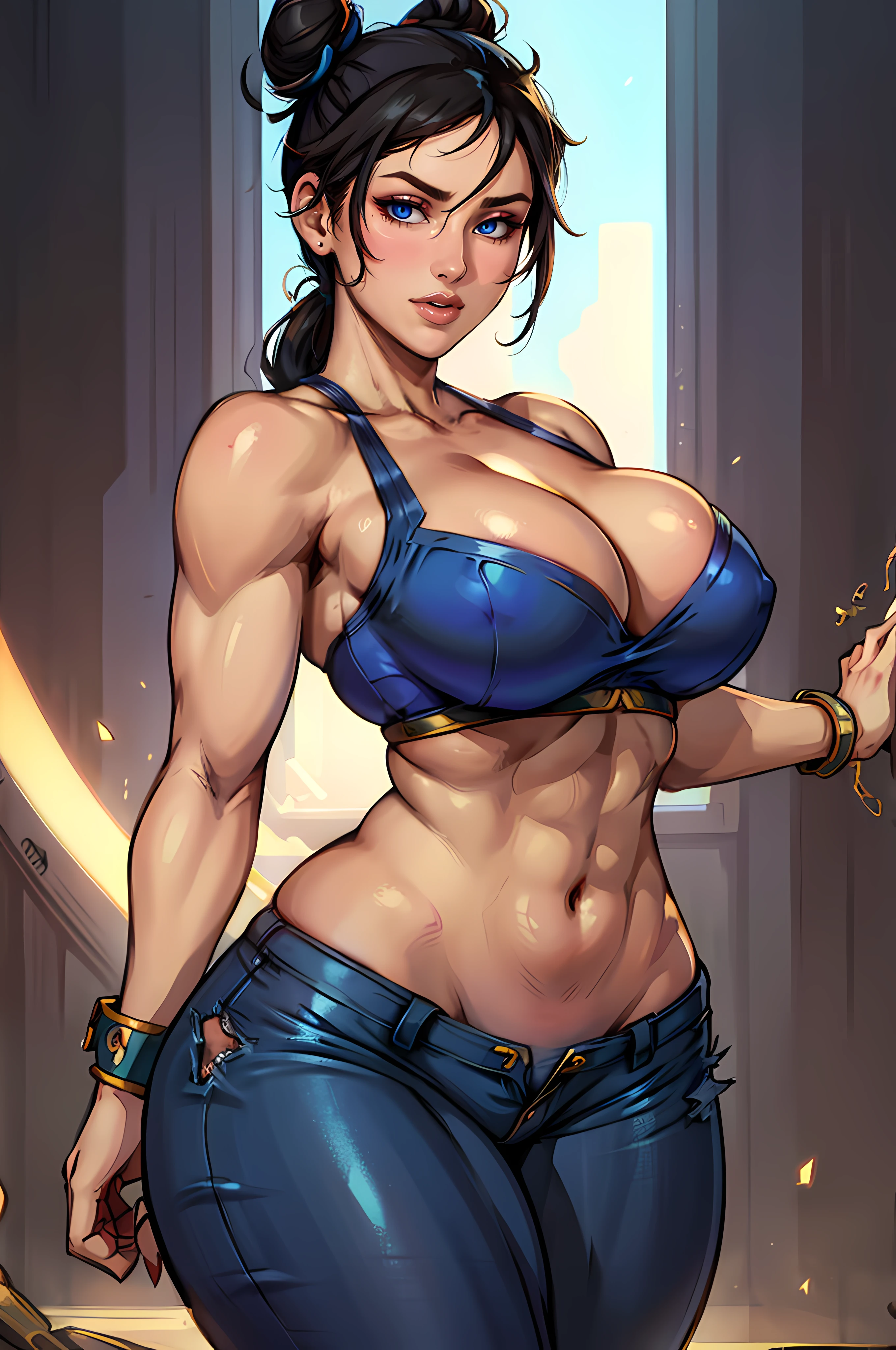 Chun Li Street Fighter art by Artgerm, anime half-body portrait of a model ((HH-size breasts, very Thick thighs, athletic build, feminine form, lythe body, black hair, twin buns, 20 years old, cleavage)), lowrider jeans, showing too much skin, revealing, full body, cheerful smile, 4k, beautiful woman with soft blue eyes, key light reflected in the eyes, painted background, studio portrait, soft light, bezel lighting, shimmer in the eyes, bokeh background, picturesque, 8K, HDR, RGB, Ultra-HD