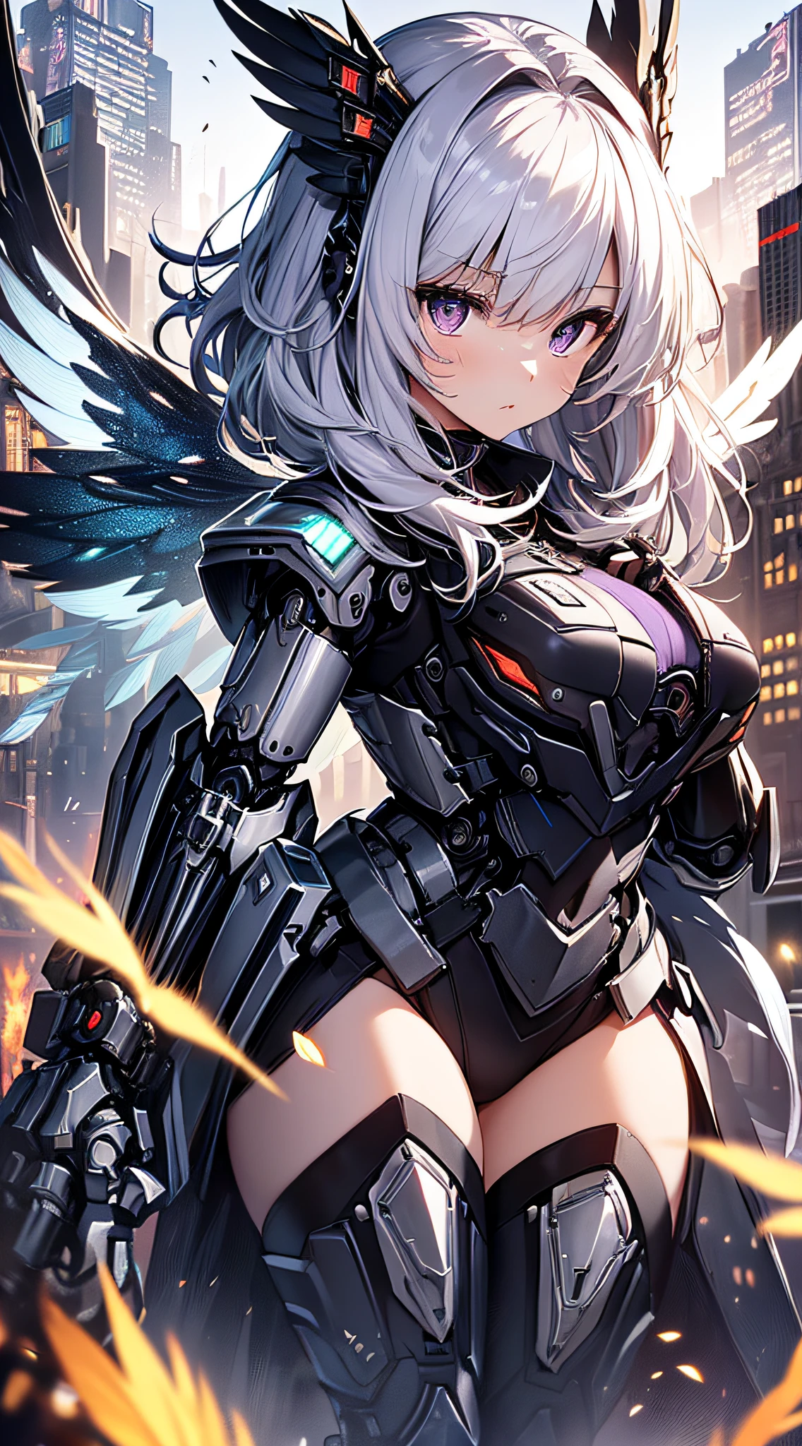 最high quality、best image quality、masterpiece、age girl((18-year-old、 By becoming、vest bust、medium bust,wide open breast tea、black eye, gray hAria、long hAria、thin,highest valley、Black Battlesuit、white arm parts、white leg parts、Holding a big sword、mechanical silver wings,Aria、splatters)),high quality、beautiful art、background((universe、battlefield、splattersing beams))瓦礫がsplatters、Depth of written boundary、movie、visual art、perfect art、8K,genuine