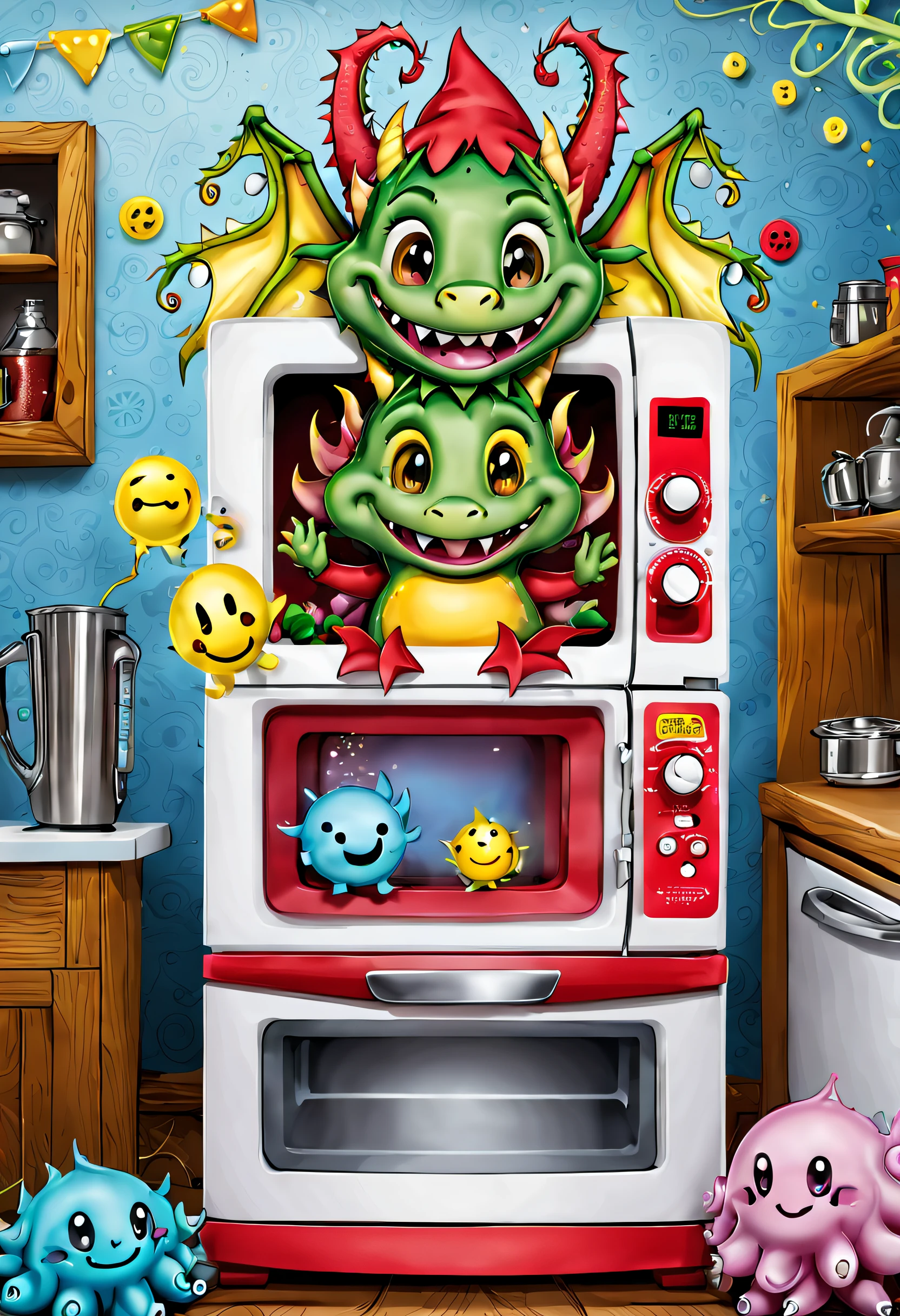 This illustration will be presented in a cuter style。After the refrigerator door is opened，A cheerful elf jumped out of it，The buttons on your microwave&#39;s control panel become like fairytale buttons，The smiley face of the blender shines brightly，The tentacles turned into cute cuddly dragon dolls。The whole picture is full of innocence and happiness，It's a pleasure。