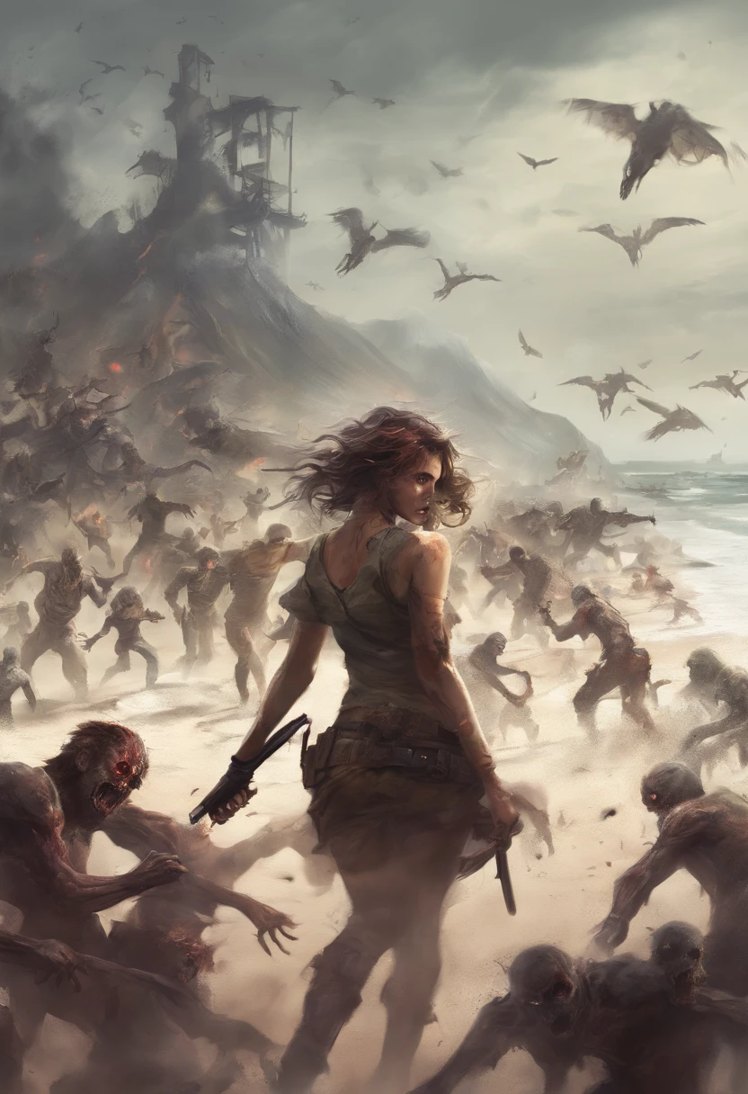 Extremely attractive woman on the beach fighting a horde of zombies