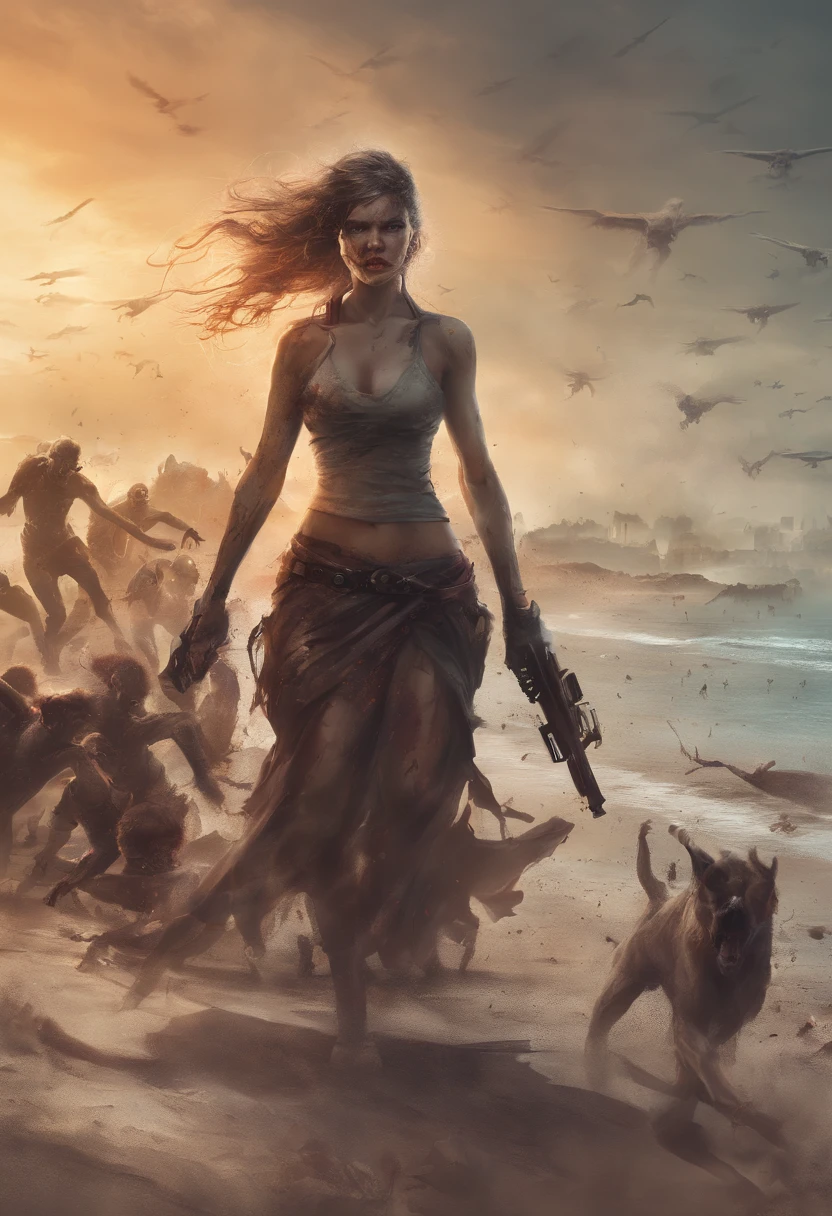 Extremely attractive woman on the beach fighting a horde of zombies