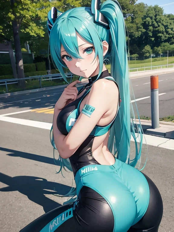 miku hatsune,bicycle,Racer Pants,Beautiful breasts,stick out buttocks,Leaning on the bike
