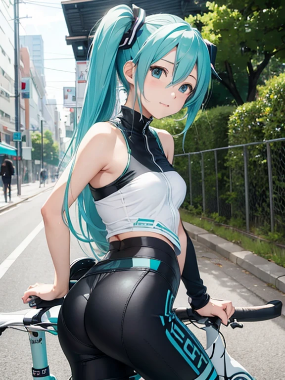 miku hatsune,bicycle,Racer Pants,Beautiful breasts,stick out buttocks,Leaning on the bike