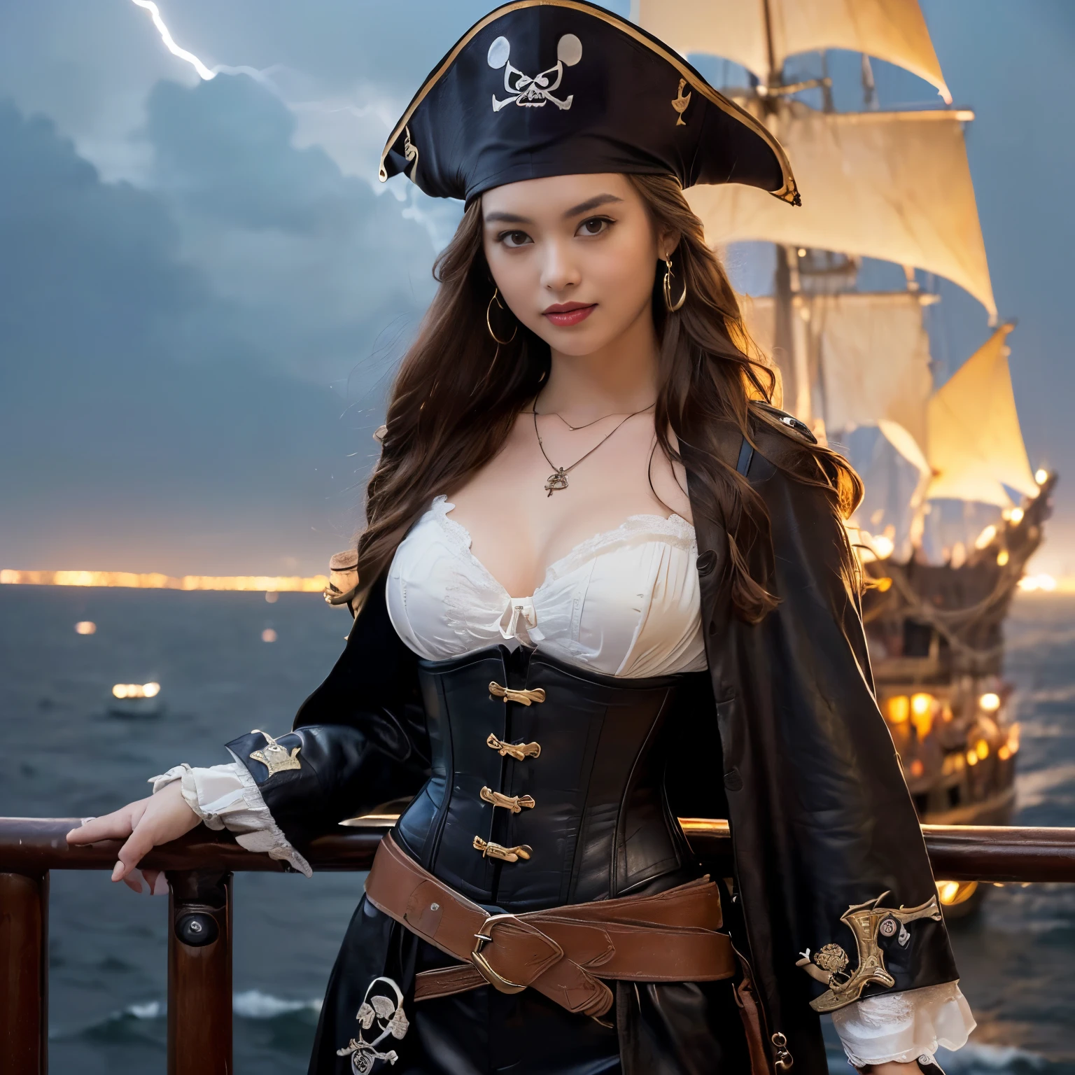 (1girl:1.3), solo, (((very detailled face))),((Very detailed eyes and face))),Beautiful Detail Eye,Body parts__,official arts,统一的8k壁纸,is super detailed,Beautiful and beautiful,bella,MasterPiece,best best quality,primitive,MasterPiece,ultra fine photo,best best quality,extra high resolution,photorealistic realism,sunrays,fullbody portrait,amazingly beautiful,,dynamicpose,Delicate Faces,vibrant eye,(FROM FRONT), large breasted,Female pirate,on a pirate ship,Wear a pirate hat,Detailed face,Highly detailed skin,