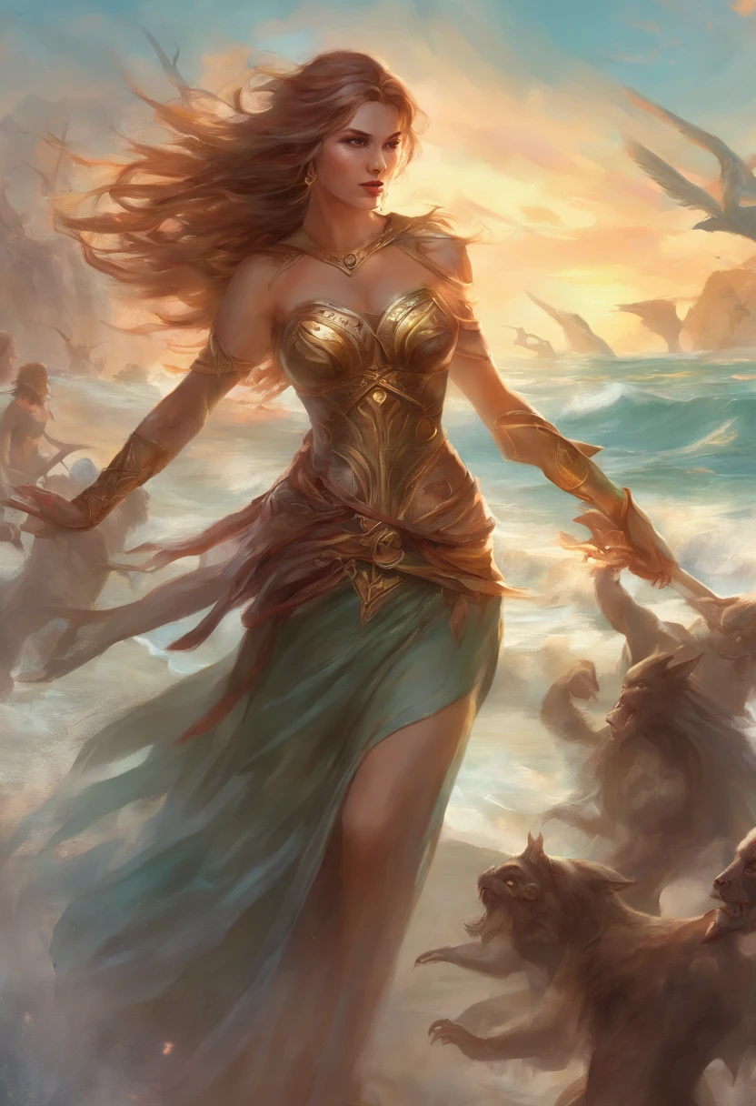 Extremely attractive woman on the beach fighting a horde of zombies