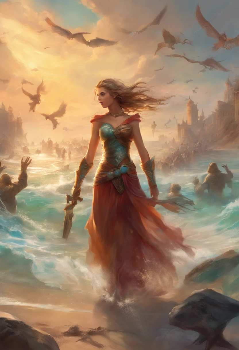 Extremely attractive woman on the beach fighting a horde of zombies