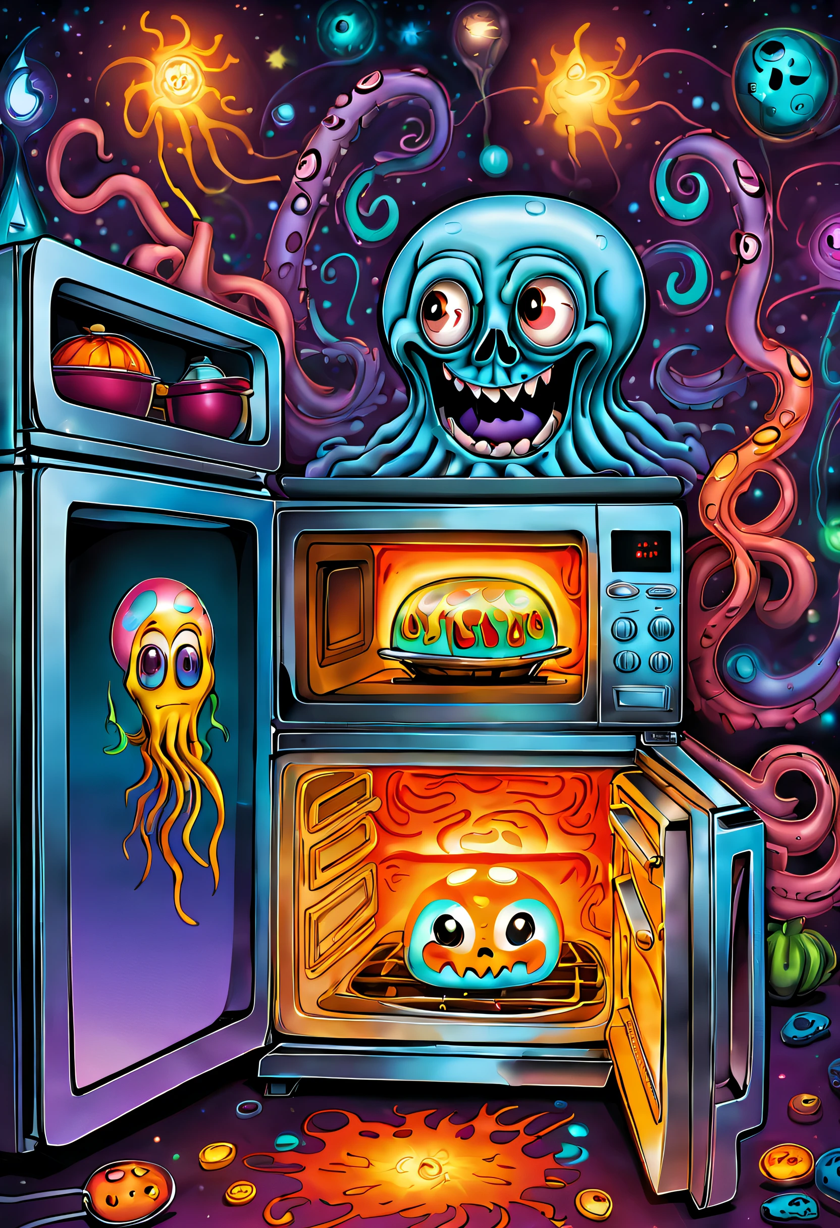 In this illustration，I will use more phantom colors，Emphasize the weirdness and humor of electrical appliances。A ghostly hand protrudes from the refrigerator door，The interior of the microwave oven is filled with colorful lights，like a magical space。The blender&#39;s smiling face has a hint of warm humor，But the tentacles show sharp edges，Makes people feel weird。The whole picture is full of magical illusions，While retaining the coexistence of horror and humor。