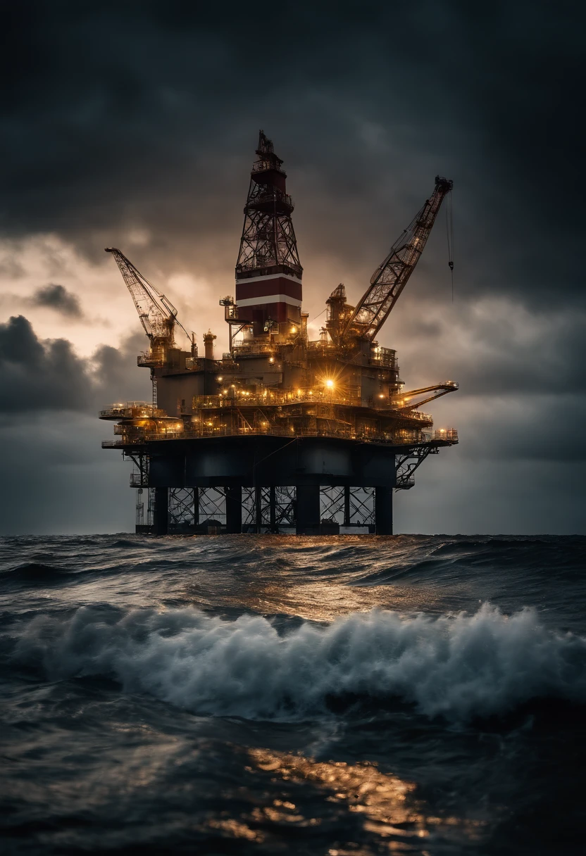 A high-resolution image of an oil platform in a stormy sea at sunset, with the dramatic clouds and waves creating a visually breathtaking and atmospheric scene.