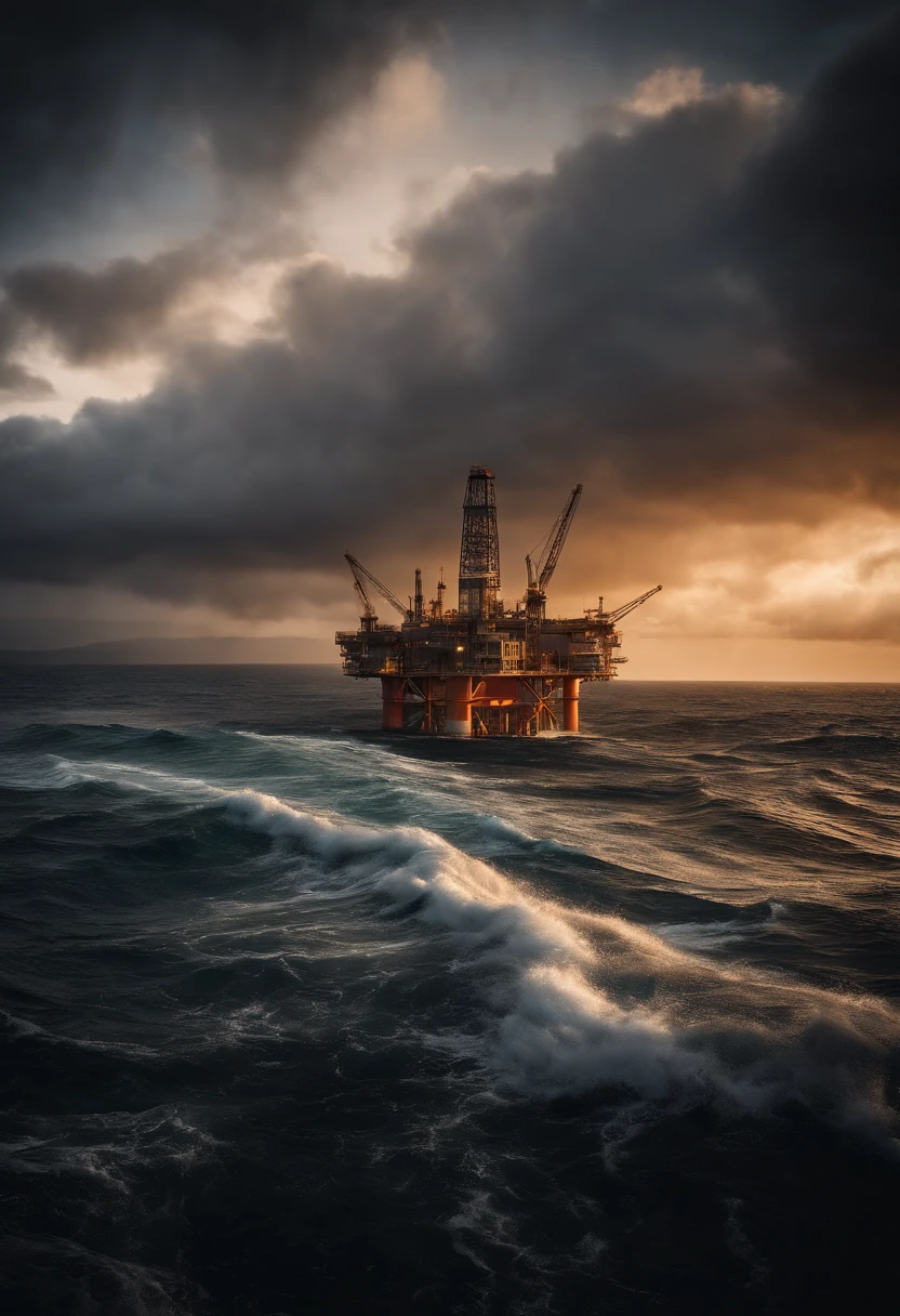 A high-resolution image of an oil platform in a stormy sea at sunset, with the dramatic clouds and waves creating a visually breathtaking and atmospheric scene.