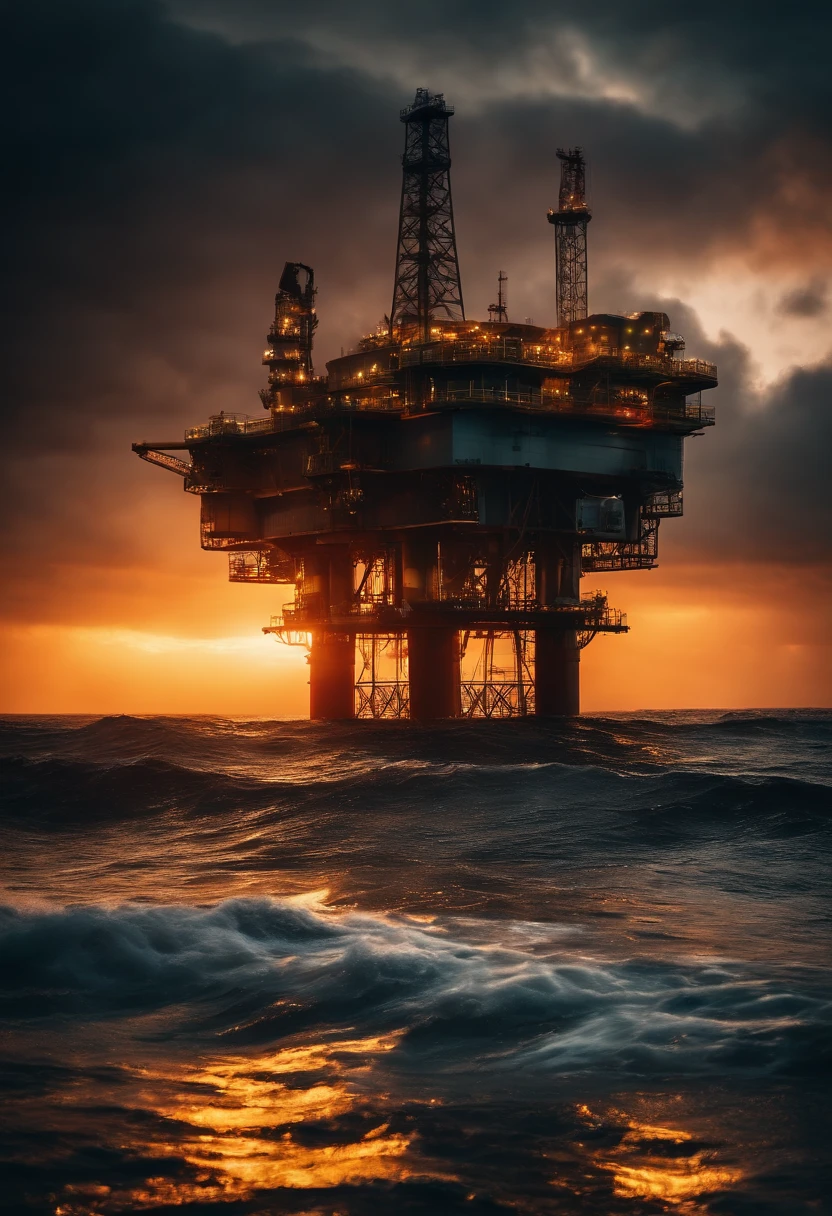 A high-resolution image of an oil platform in a stormy sea at sunset, with the dramatic clouds and waves creating a visually breathtaking and atmospheric scene.