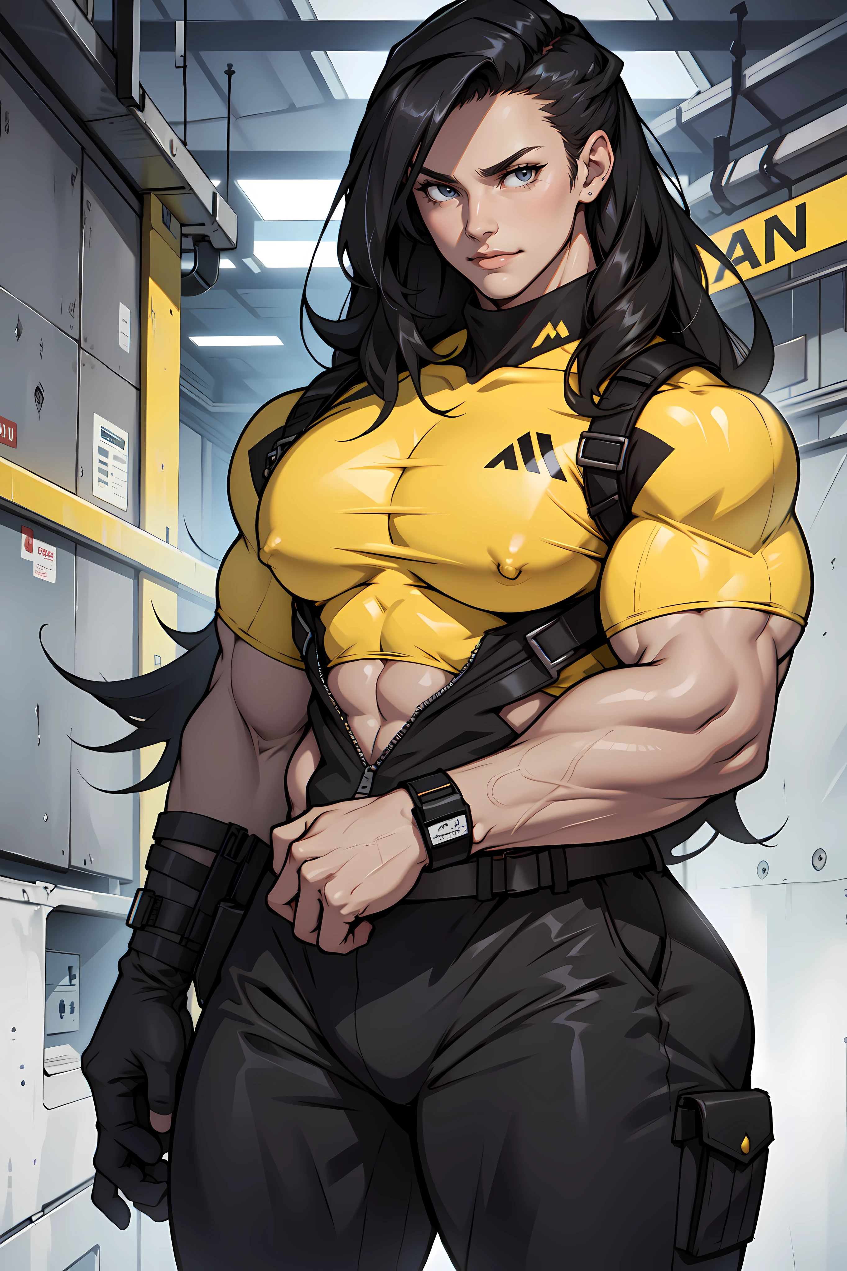 girl pale skin black hair long hair yellow eyes bodybuilder big tits