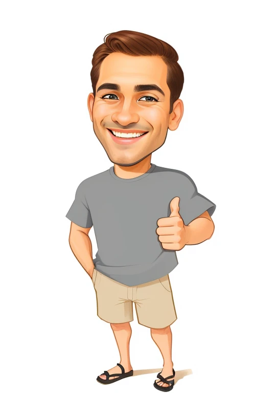 homem de desenho animado com polegares para cima e uma camisa cinza, fazendo um polegar para cima, Cartoon style illustration, retrato dos desenhos animados, Jovem com short, High quality illustration, in cartoon style, polegar para cima, estilo caricatura, caricature illustration, arte dos desenhos animados, dando um polegar para cima, dando os polegares para cima, estilo vetorial cartunesco, giving a thumbs up to the camera