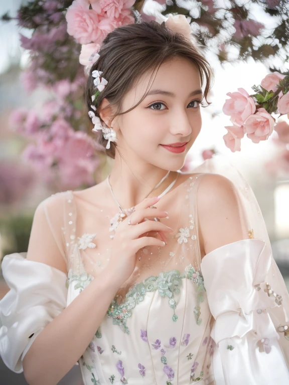 ((Best quality, 8k, Masterpiece :1.3)), 1girl, smiling, full body, slim face, Pretty woman, (black hair), full length dress :1.1, Ultra-detailed face, Detailed eyes, Double eyelid,  blur background, slim face, city, outside, street, pink, blue, green, cyan, red, black, white, violet, purple, yellow, light color, dark color