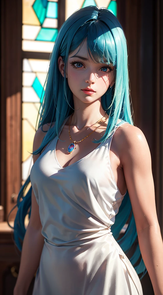 RAW, professional photograph, medium shot, photorealistic, realistic lights, realistic shadows, hyper-realistic, ray tracing, super detail, UHD, 8k, female, athletic body, soft facial features, long hair, straight hair, cyan hair, cyan eyes, long white dress, ruby necklace, glass art, mosaic, stained glass