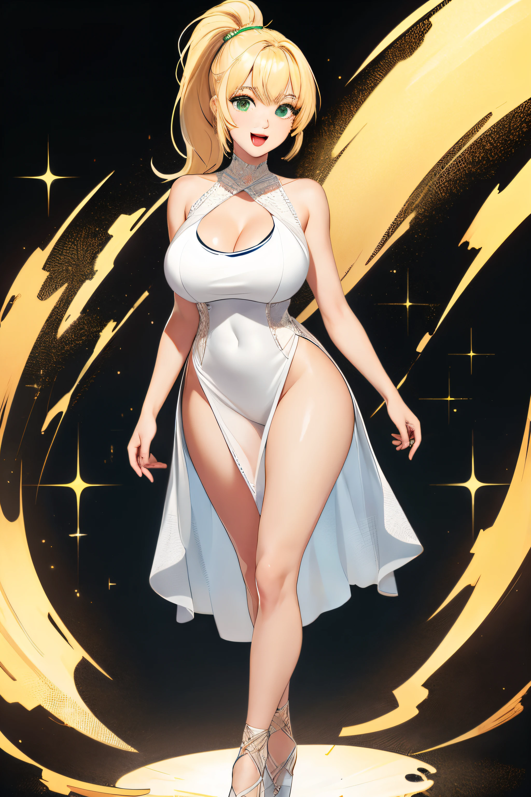 1girl, Extremely detailed face, 8k hd quality, Masterpiece, perfect body, detailed eyes, Sparkle in the eyes, Open mouth smile, Blonde, ponytail hair, bangs, green eyes, happy look, silios, Huge breasts :1.8, full body, standing, heart hands, white and transparent dress, looking a little to the right