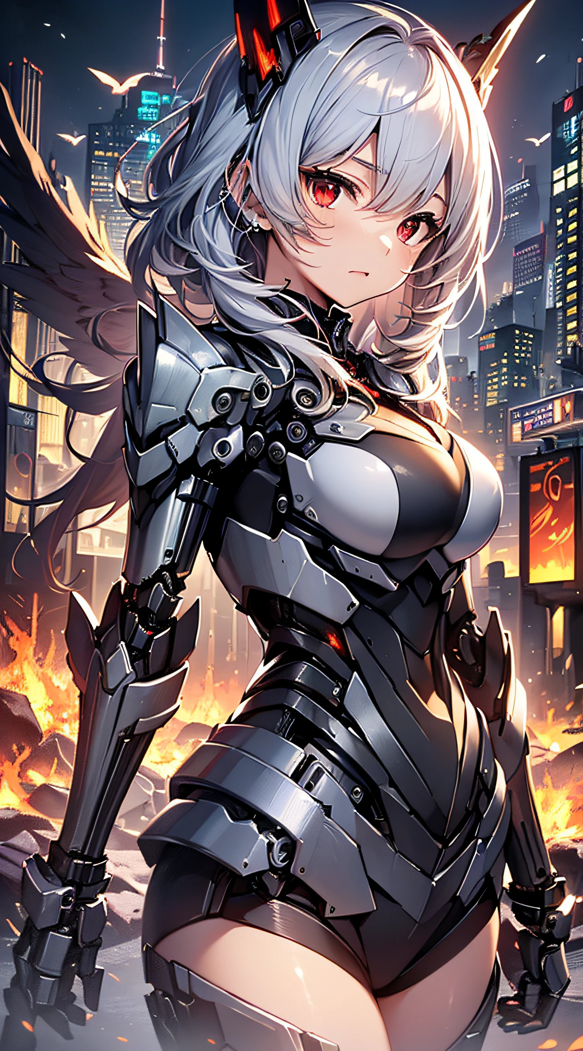 top-quality、Top image quality、masterpiece、girl with((red and black mechanical body armor、silver mechanical arm with machine gun、silver leg arms、Shining red body line、sixteen years old、teen ager、cute little、Best Bust、big bast,Beautiful shining red eyes、Breasts wide open, Blue-haired、red mechanical wing,Longhaire、A slender,Large valleys、belligerent movements,)),hiquality、Beautiful Art、Background with((Midnight City、Pillar of fire、fluttering white feathers)))、,masutepiece、depth of fields,Cinematic style
